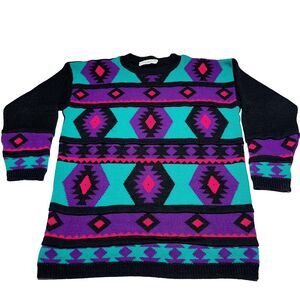 Vintage North American Sweaters Oversized Acrylic Aztec 90's Womens Large Neon